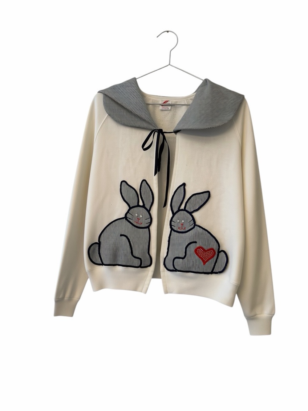 Vtg Jerzees Cream Bunny Appliqué zip  Jacket stripe Sailor Collar Sz lg 14-16